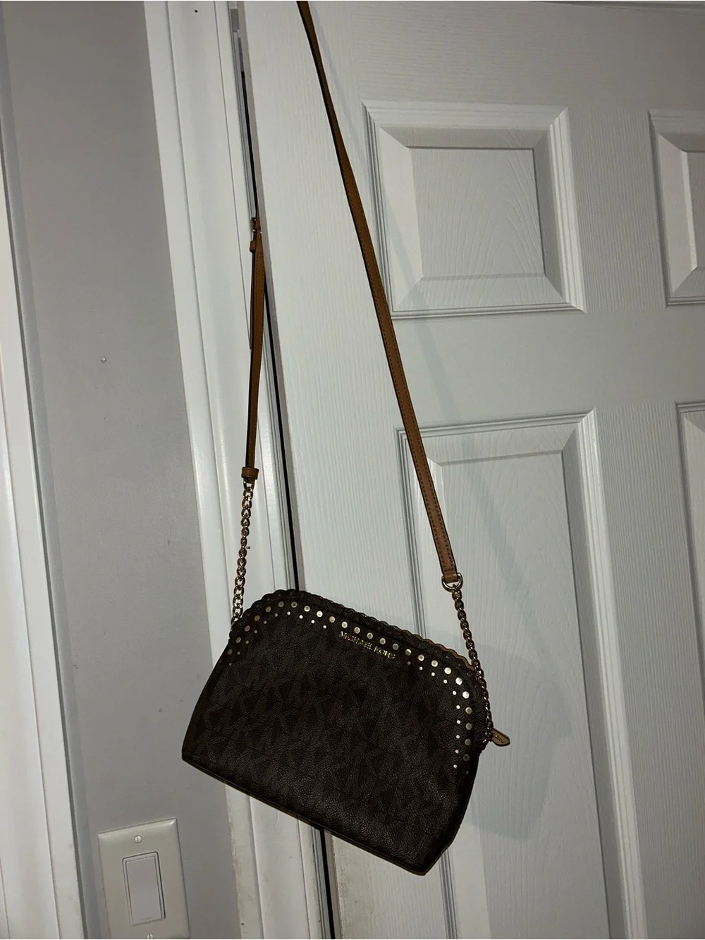Michael Kors Brown Cindy Dome Signature Crossbody Bag with Gold Accent